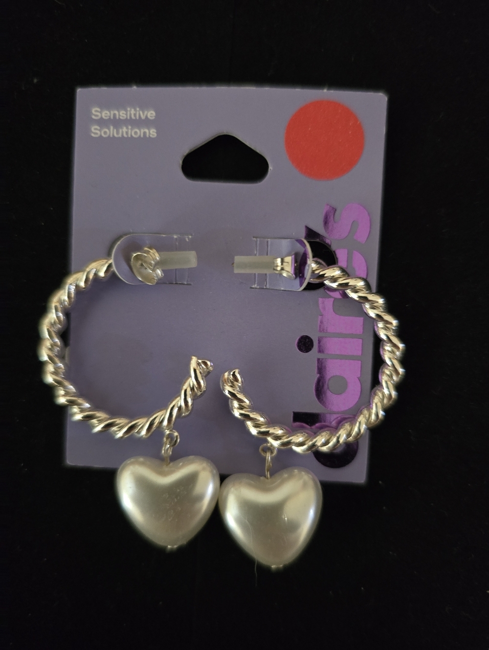 Claire's Silver Twisted Hoop Earrings with Pearl Heart Drops